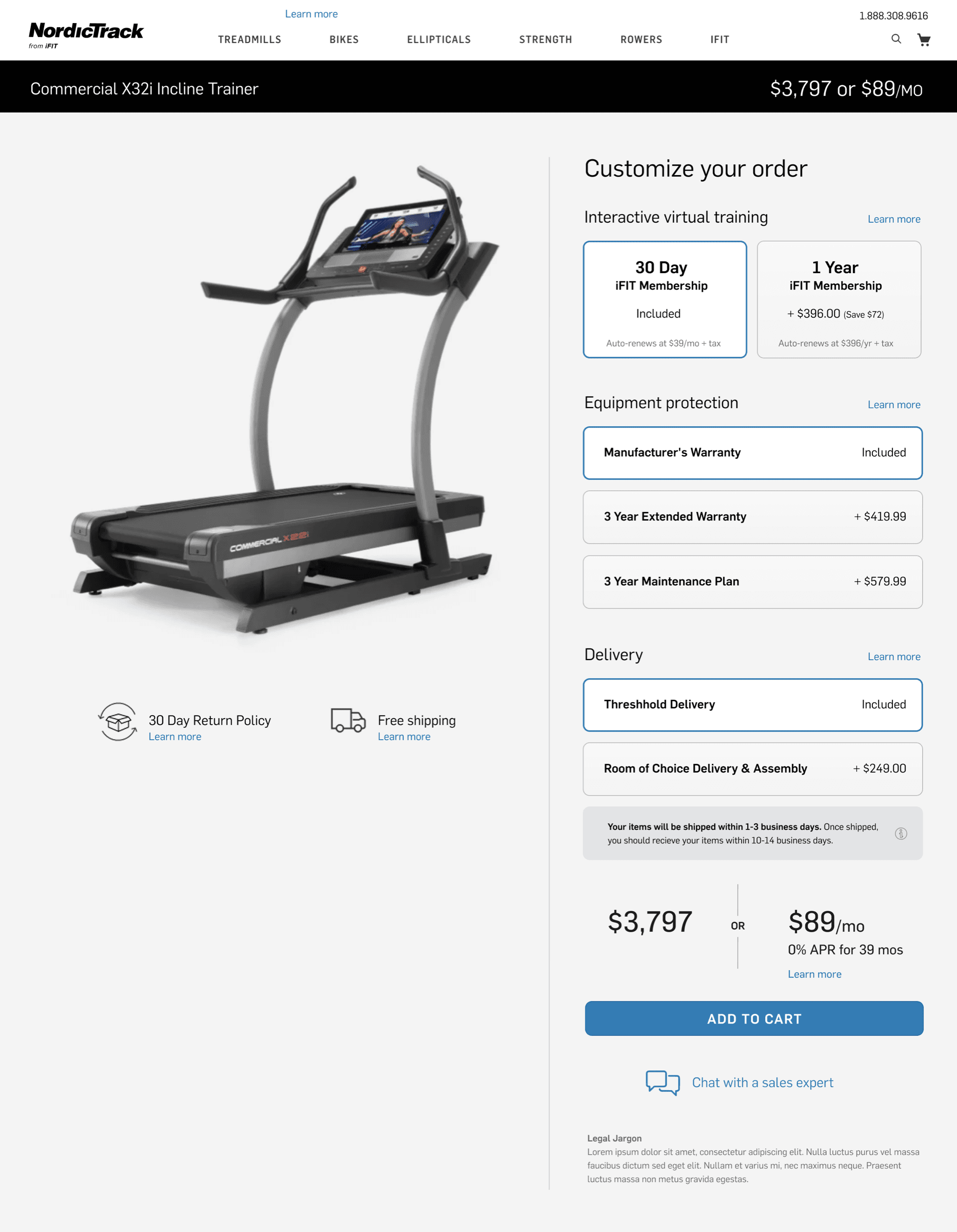 New NordicTrack configurator: single-page product page with iFIT membership integrated as the first decision in Customize your order.
