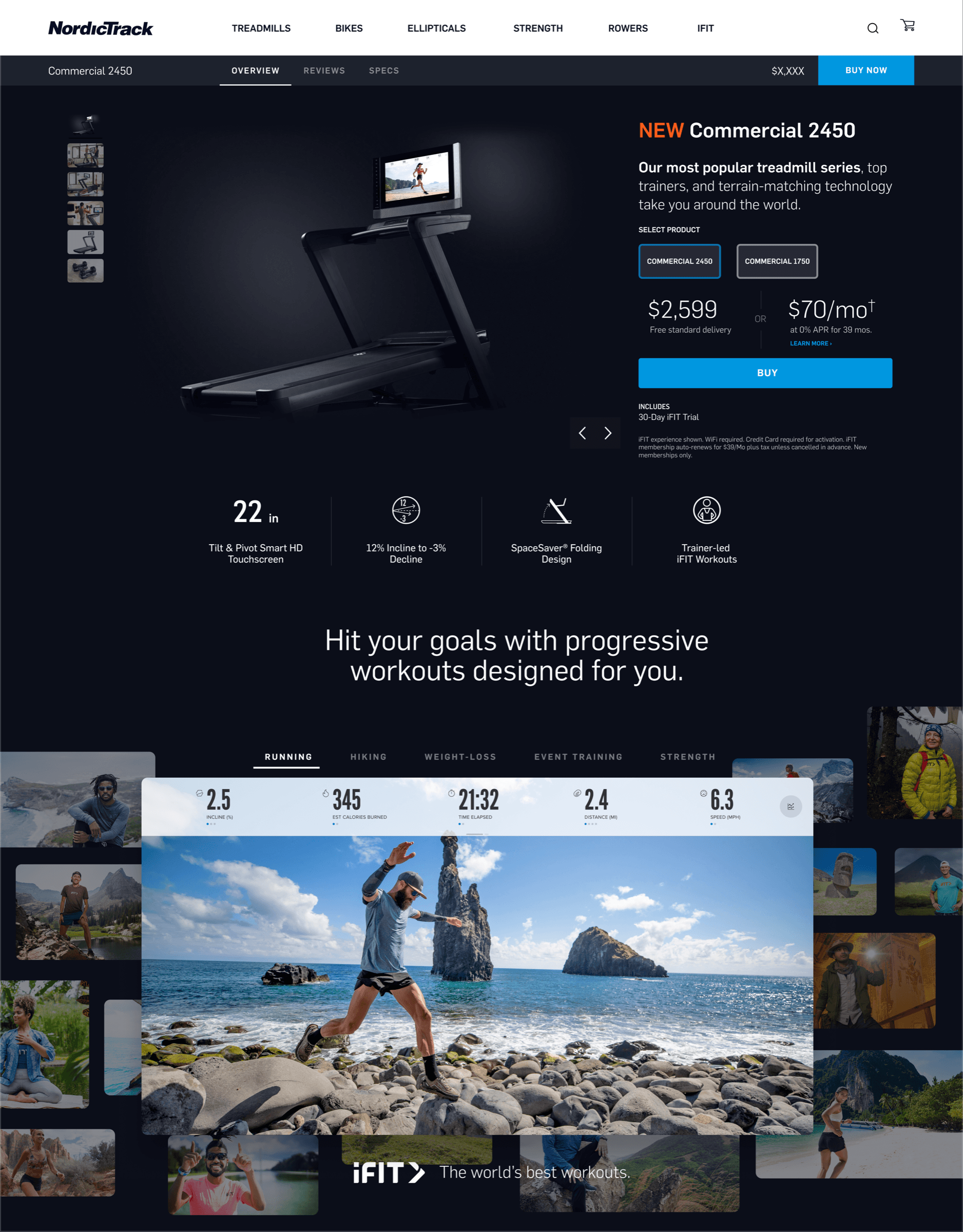 New NordicTrack Commercial 2450 product page: dark-mode brand motif, cinematic product photography, iFIT integrated as the through-line.