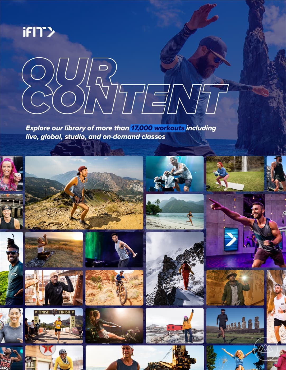 Our Content page. Library of 17,000+ workouts spanning live, global, studio, and on-demand classes.